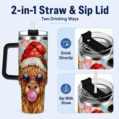 #pl[40oz|Black] Highland Cow 40oz Tumbler with Handle, Christmas Stained Glass Style