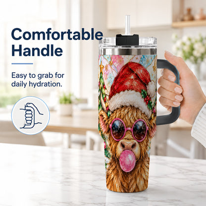 #pl[40oz|Black] Highland Cow 40oz Tumbler with Handle, Christmas Stained Glass Style