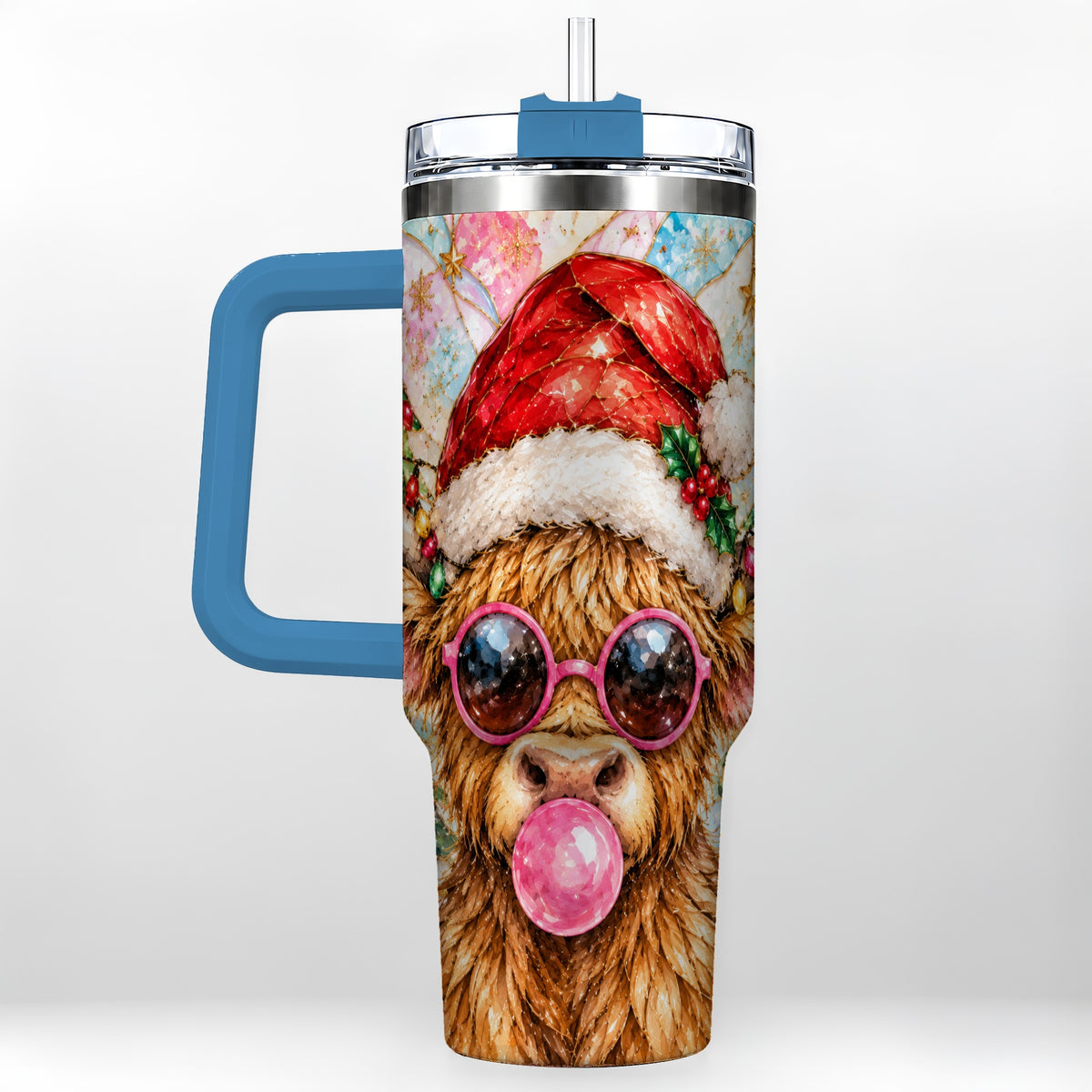 #pl[40oz|Blue] Highland Cow 40oz Tumbler with Handle, Christmas Stained Glass Style