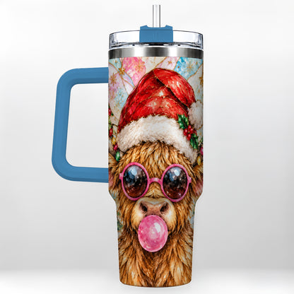 #pl[40oz|Blue] Highland Cow 40oz Tumbler with Handle, Christmas Stained Glass Style