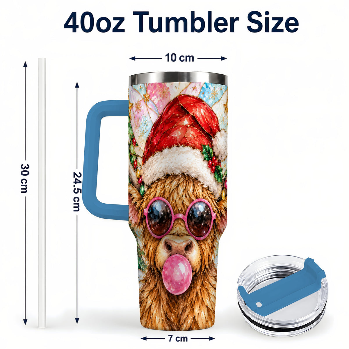 #pl[40oz|Blue] Highland Cow 40oz Tumbler with Handle, Christmas Stained Glass Style
