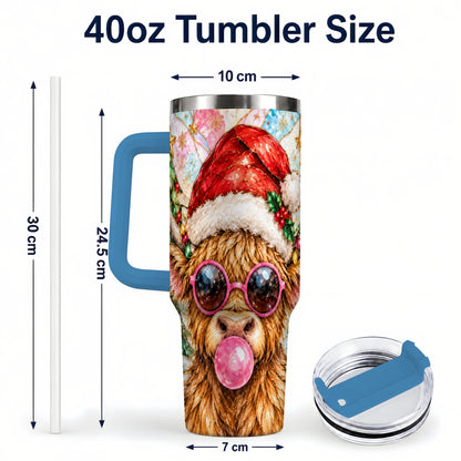 #pl[40oz|Blue] Highland Cow 40oz Tumbler with Handle, Christmas Stained Glass Style