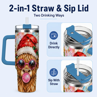 #pl[40oz|Blue] Highland Cow 40oz Tumbler with Handle, Christmas Stained Glass Style