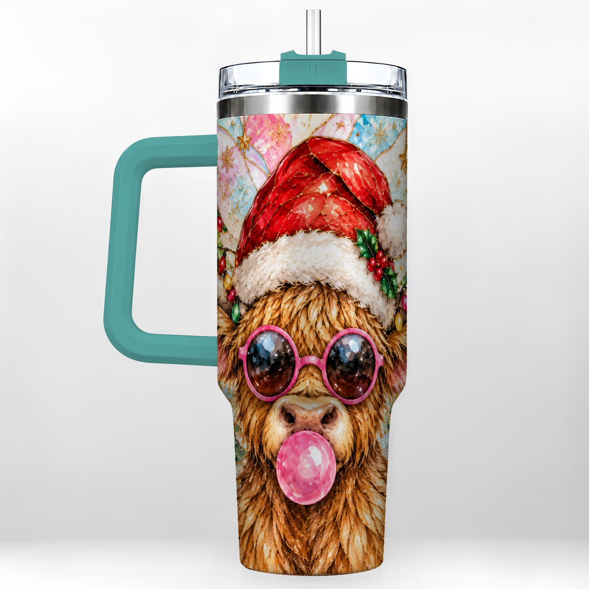 #pl[40oz|Green] Highland Cow 40oz Tumbler with Handle, Christmas Stained Glass Style