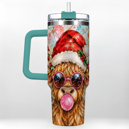 #pl[40oz|Green] Highland Cow 40oz Tumbler with Handle, Christmas Stained Glass Style