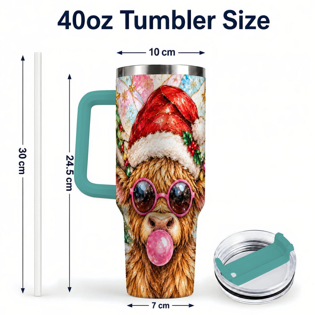 #pl[40oz|Green] Highland Cow 40oz Tumbler with Handle, Christmas Stained Glass Style