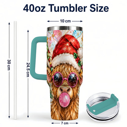 #pl[40oz|Green] Highland Cow 40oz Tumbler with Handle, Christmas Stained Glass Style