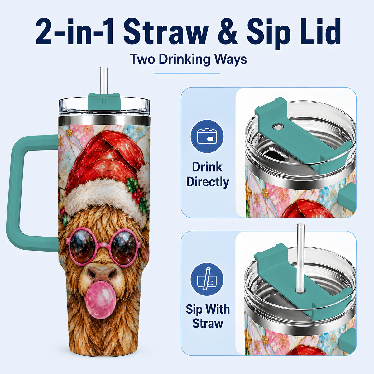 #pl[40oz|Green] Highland Cow 40oz Tumbler with Handle, Christmas Stained Glass Style