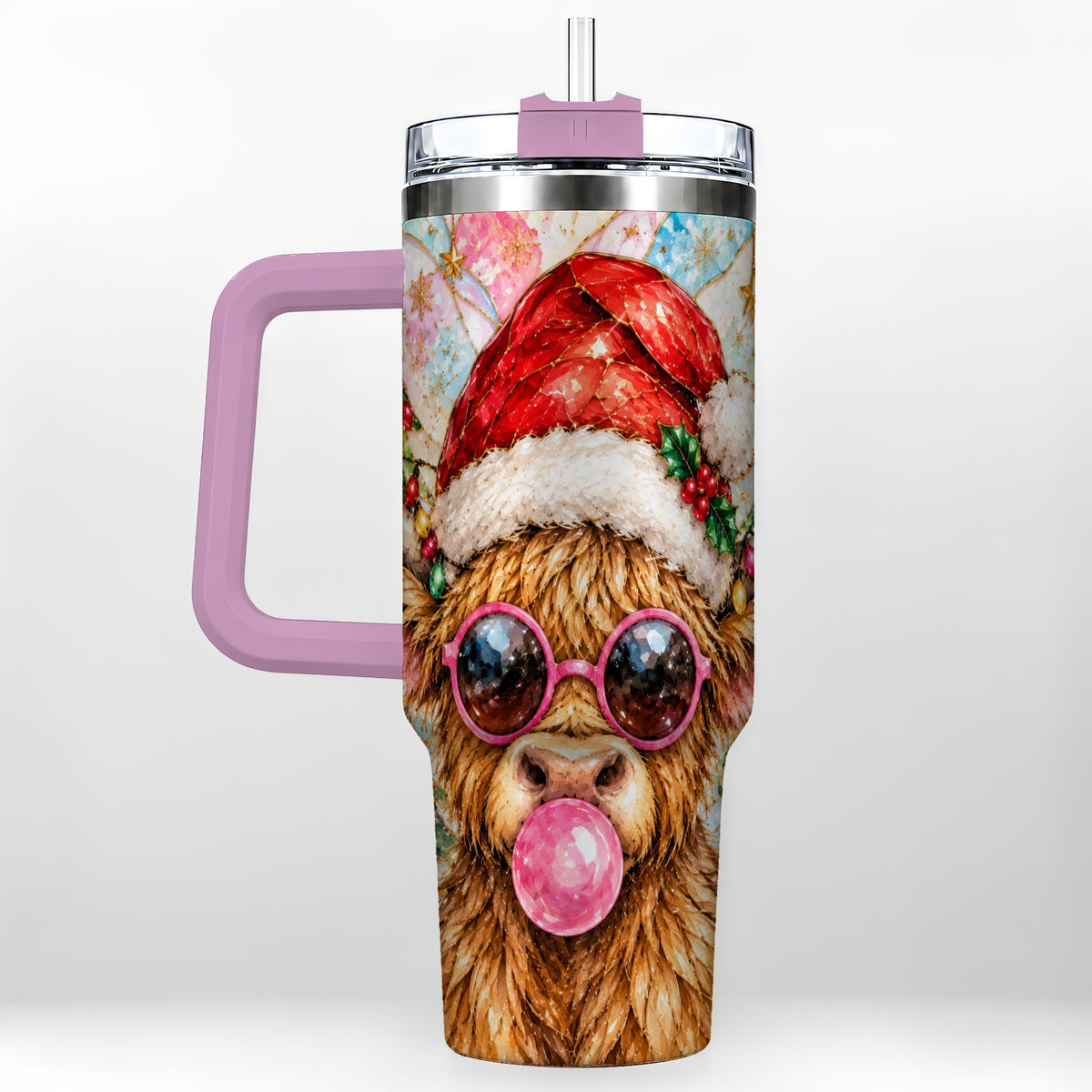 #pl[40oz|Pink] Highland Cow 40oz Tumbler with Handle, Christmas Stained Glass Style