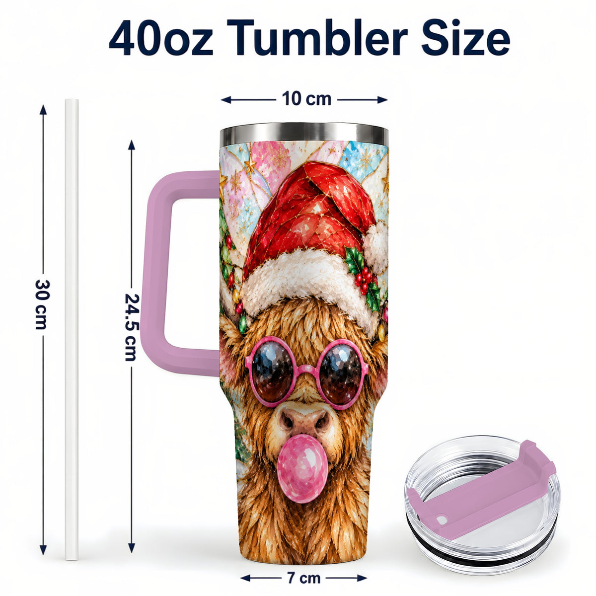 #pl[40oz|Pink] Highland Cow 40oz Tumbler with Handle, Christmas Stained Glass Style