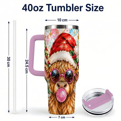 #pl[40oz|Pink] Highland Cow 40oz Tumbler with Handle, Christmas Stained Glass Style