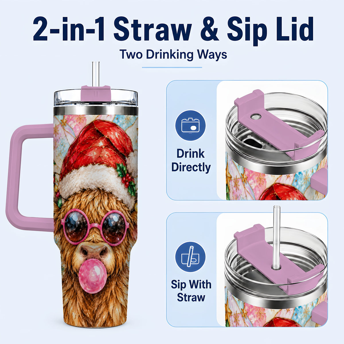 #pl[40oz|Pink] Highland Cow 40oz Tumbler with Handle, Christmas Stained Glass Style