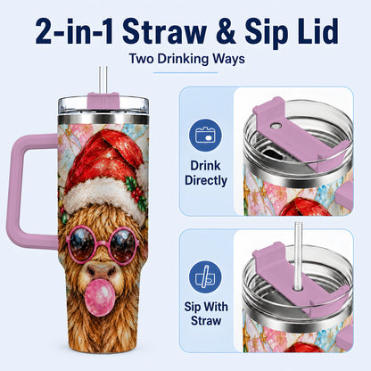 #pl[40oz|Pink] Highland Cow 40oz Tumbler with Handle, Christmas Stained Glass Style