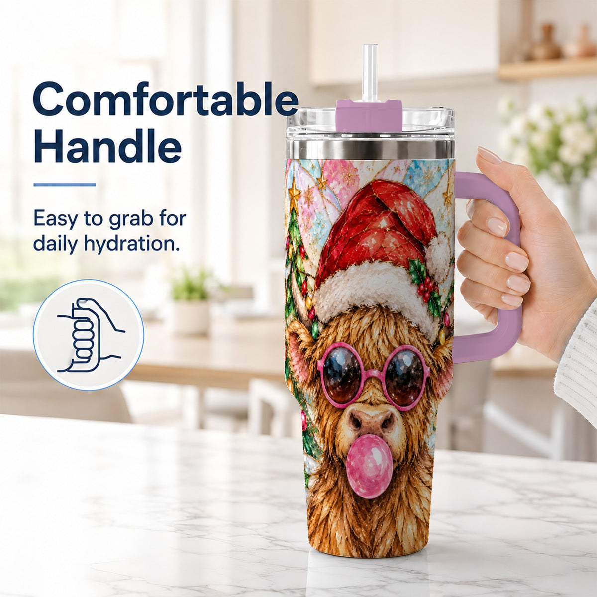 #pl[40oz|Pink] Highland Cow 40oz Tumbler with Handle, Christmas Stained Glass Style