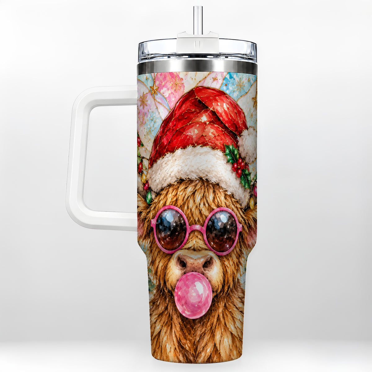 #pl[40oz|White] Highland Cow 40oz Tumbler with Handle, Christmas Stained Glass Style
