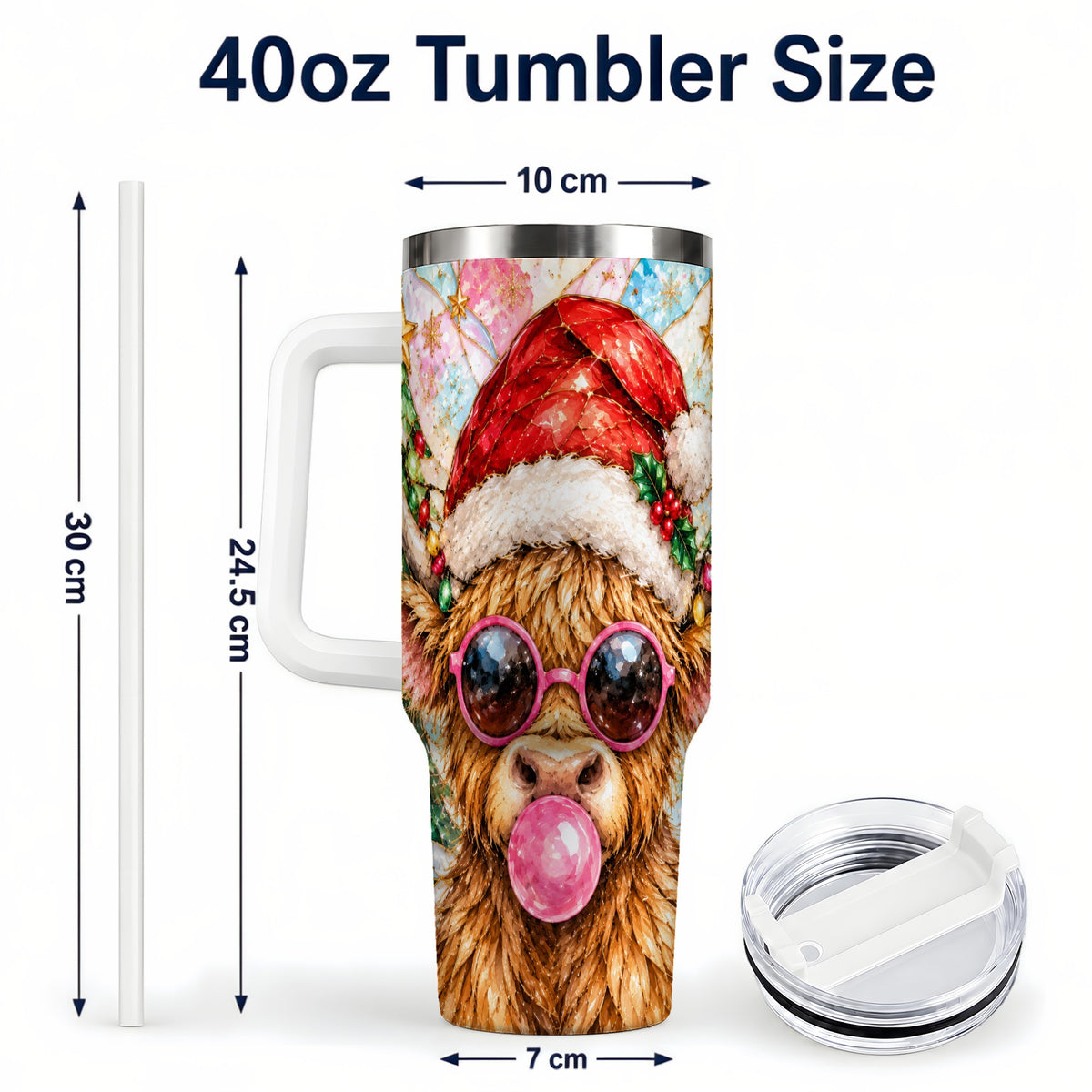 #pl[40oz|White] Highland Cow 40oz Tumbler with Handle, Christmas Stained Glass Style