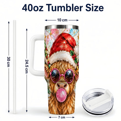 #pl[40oz|White] Highland Cow 40oz Tumbler with Handle, Christmas Stained Glass Style