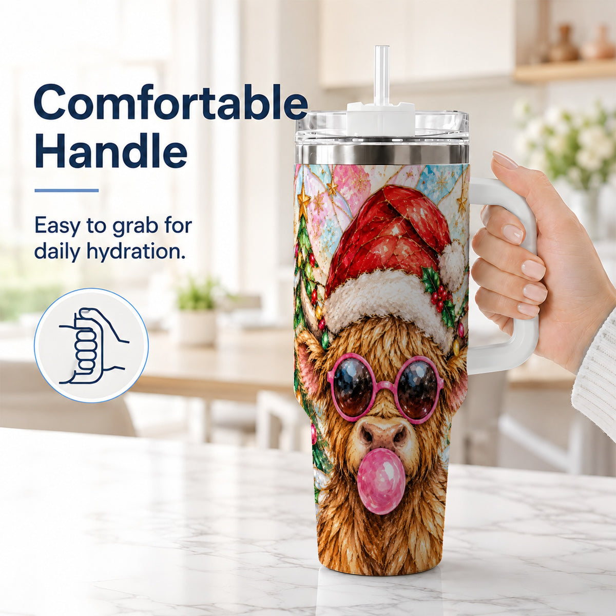 #pl[40oz|White] Highland Cow 40oz Tumbler with Handle, Christmas Stained Glass Style