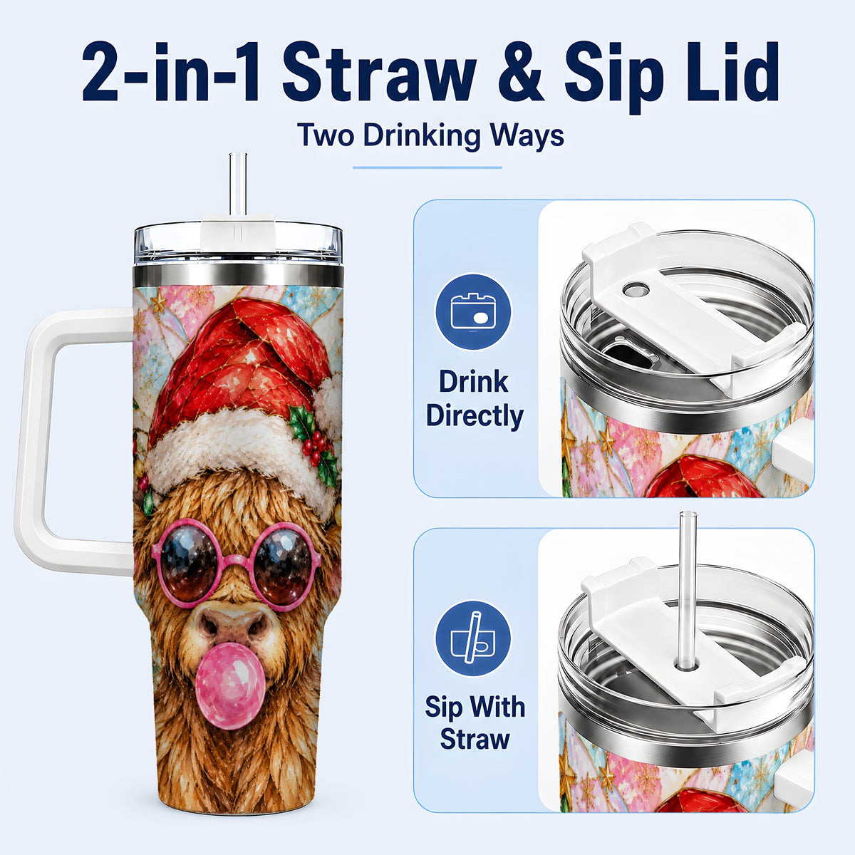 #pl[40oz|White] Highland Cow 40oz Tumbler with Handle, Christmas Stained Glass Style
