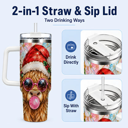 #pl[40oz|White] Highland Cow 40oz Tumbler with Handle, Christmas Stained Glass Style