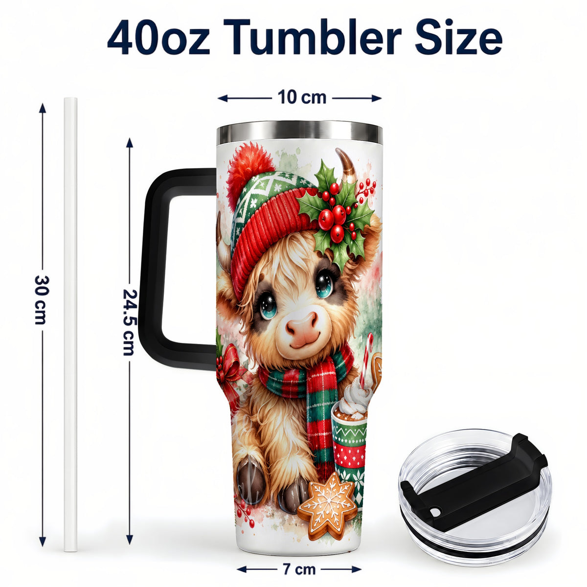 #pl[40oz|Black] Cute Christmas Cow 40oz Tumbler with Handle, Cozy Holiday Travel Cup
