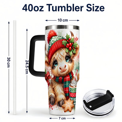 #pl[40oz|Black] Cute Christmas Cow 40oz Tumbler with Handle, Cozy Holiday Travel Cup