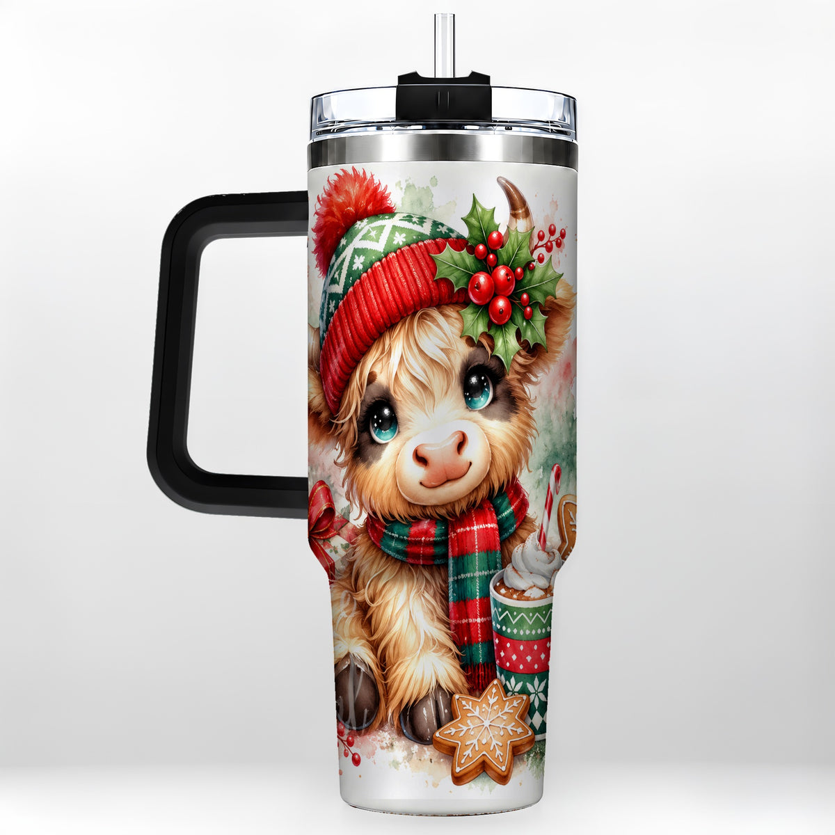 #pl[40oz|Black] Cute Christmas Cow 40oz Tumbler with Handle, Cozy Holiday Travel Cup