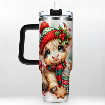 #pl[40oz|Black] Cute Christmas Cow 40oz Tumbler with Handle, Cozy Holiday Travel Cup