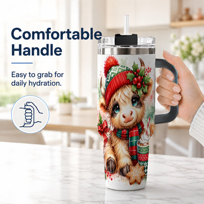 #pl[40oz|Black] Cute Christmas Cow 40oz Tumbler with Handle, Cozy Holiday Travel Cup