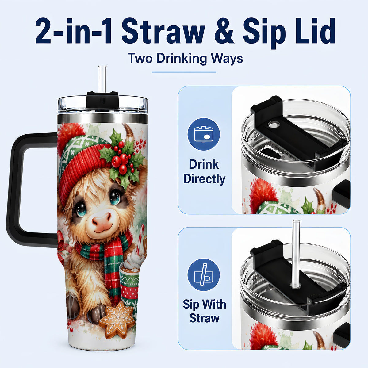 #pl[40oz|Black] Cute Christmas Cow 40oz Tumbler with Handle, Cozy Holiday Travel Cup