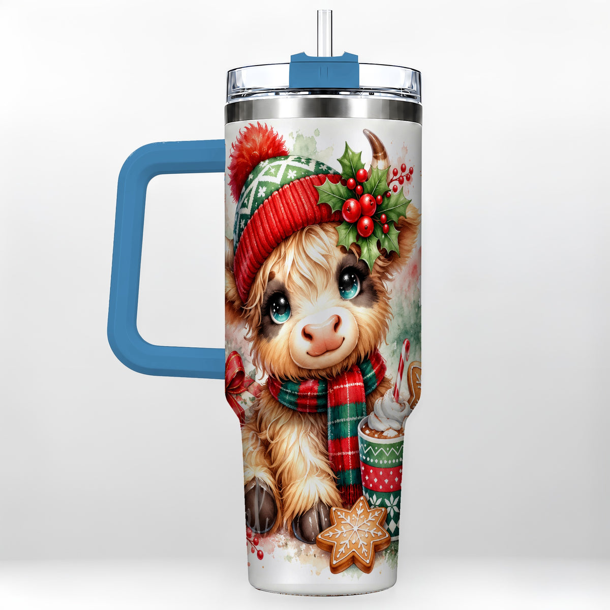 #pl[40oz|Blue] Cute Christmas Cow 40oz Tumbler with Handle, Cozy Holiday Travel Cup