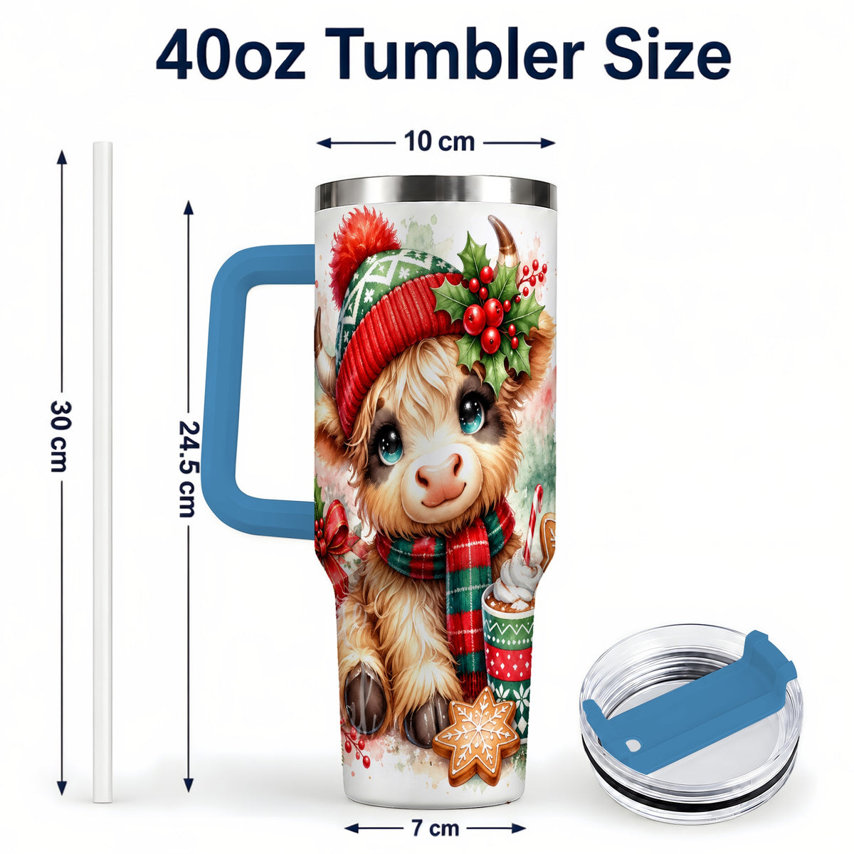 #pl[40oz|Blue] Cute Christmas Cow 40oz Tumbler with Handle, Cozy Holiday Travel Cup