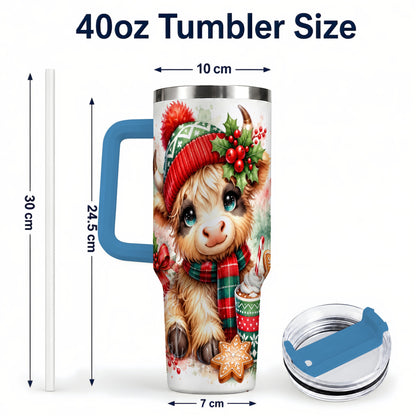 #pl[40oz|Blue] Cute Christmas Cow 40oz Tumbler with Handle, Cozy Holiday Travel Cup
