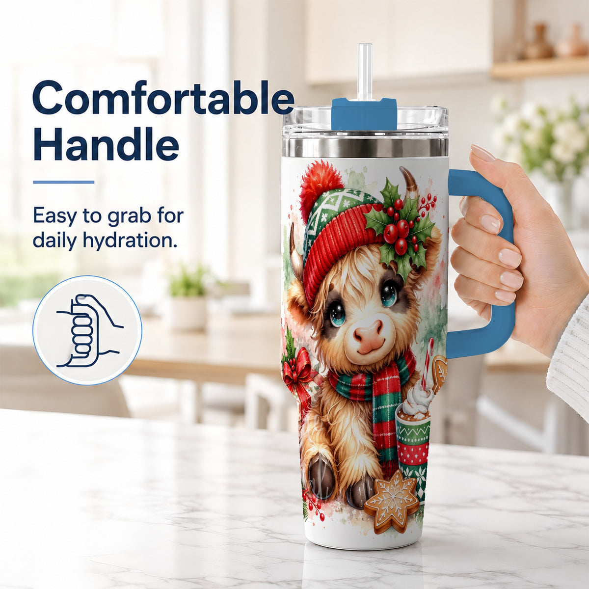 #pl[40oz|Blue] Cute Christmas Cow 40oz Tumbler with Handle, Cozy Holiday Travel Cup