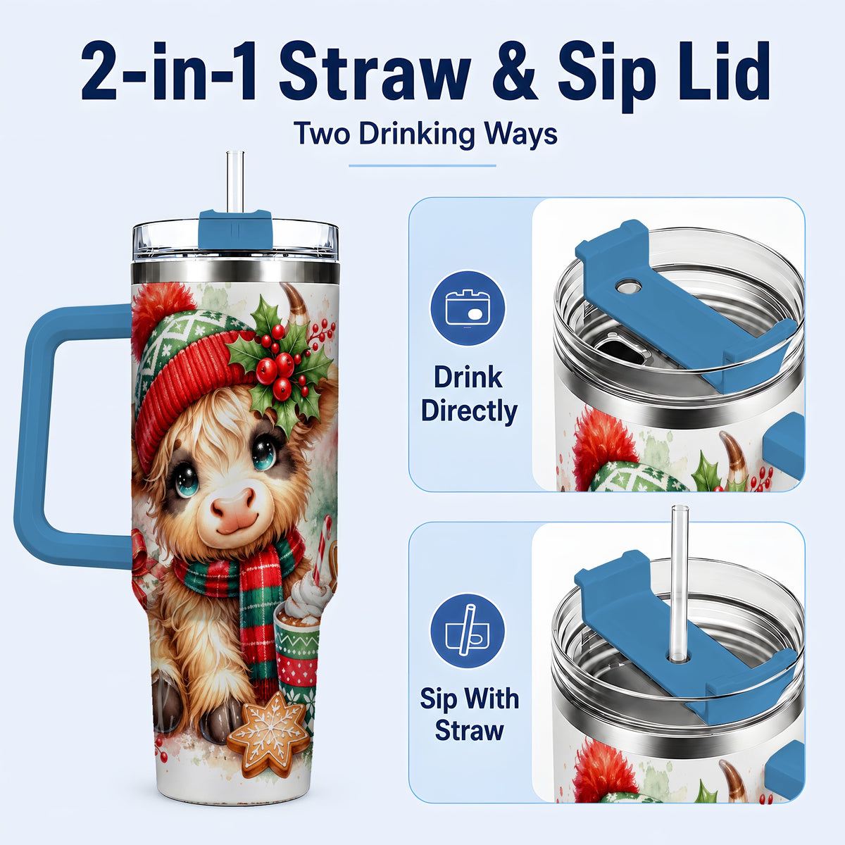 #pl[40oz|Blue] Cute Christmas Cow 40oz Tumbler with Handle, Cozy Holiday Travel Cup