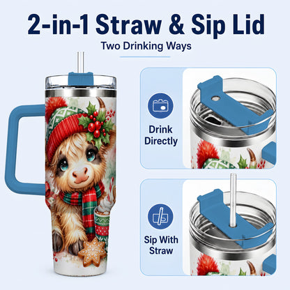 #pl[40oz|Blue] Cute Christmas Cow 40oz Tumbler with Handle, Cozy Holiday Travel Cup