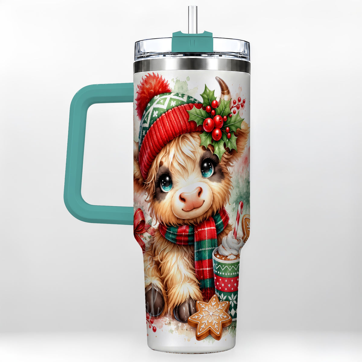 #pl[40oz|Green] Cute Christmas Cow 40oz Tumbler with Handle, Cozy Holiday Travel Cup