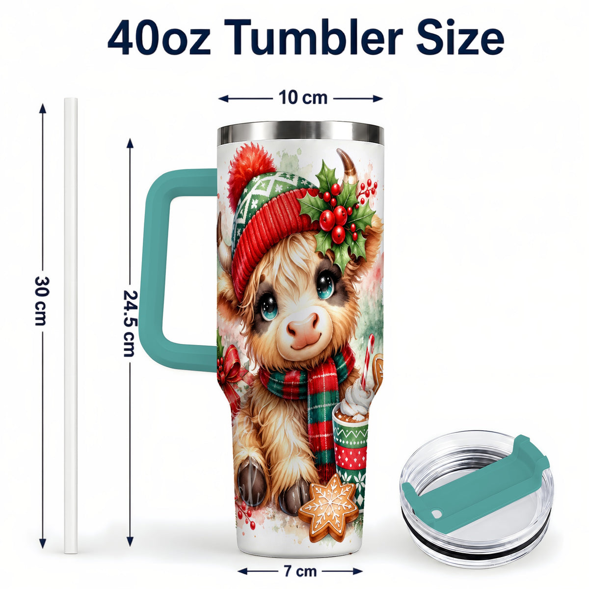 #pl[40oz|Green] Cute Christmas Cow 40oz Tumbler with Handle, Cozy Holiday Travel Cup