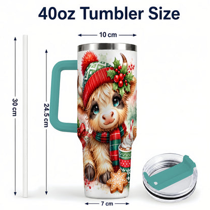 #pl[40oz|Green] Cute Christmas Cow 40oz Tumbler with Handle, Cozy Holiday Travel Cup