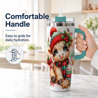 #pl[40oz|Green] Cute Christmas Cow 40oz Tumbler with Handle, Cozy Holiday Travel Cup