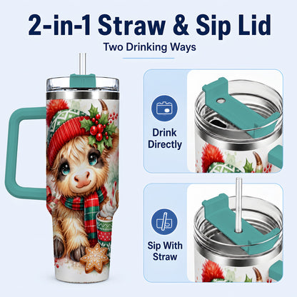 #pl[40oz|Green] Cute Christmas Cow 40oz Tumbler with Handle, Cozy Holiday Travel Cup