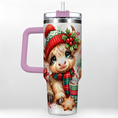 #pl[40oz|Pink] Cute Christmas Cow 40oz Tumbler with Handle, Cozy Holiday Travel Cup