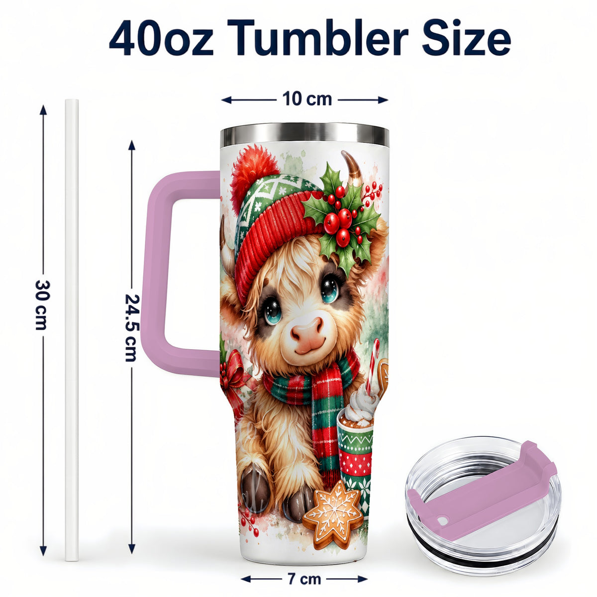 #pl[40oz|Pink] Cute Christmas Cow 40oz Tumbler with Handle, Cozy Holiday Travel Cup