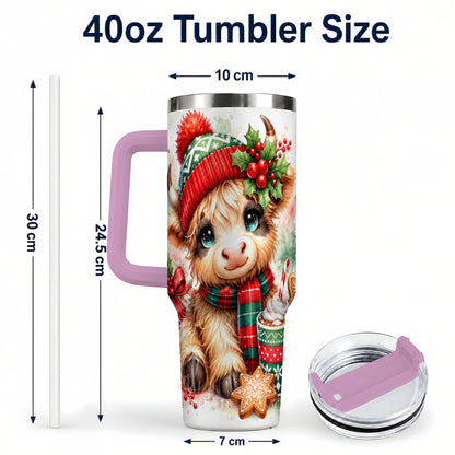 #pl[40oz|Pink] Cute Christmas Cow 40oz Tumbler with Handle, Cozy Holiday Travel Cup