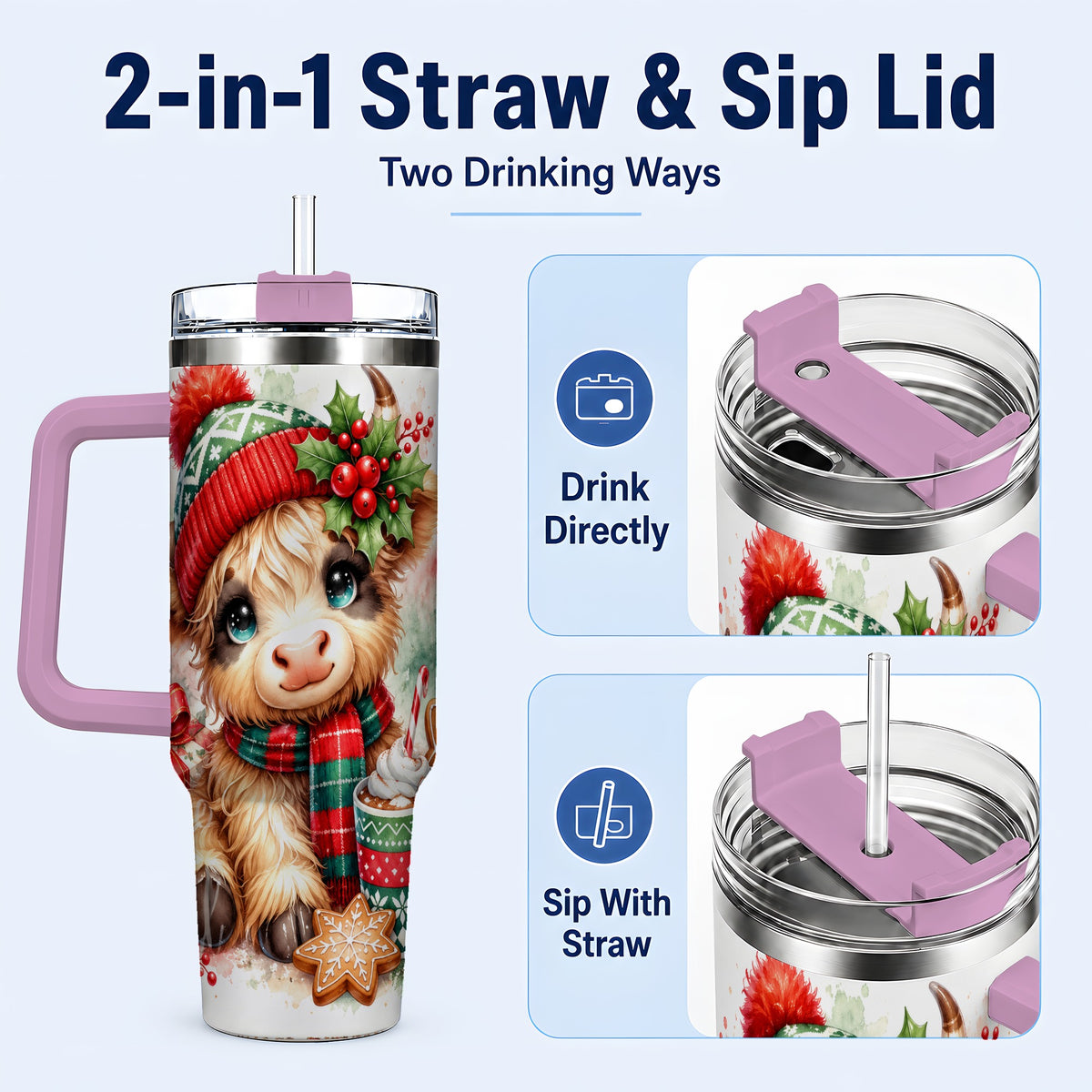#pl[40oz|Pink] Cute Christmas Cow 40oz Tumbler with Handle, Cozy Holiday Travel Cup