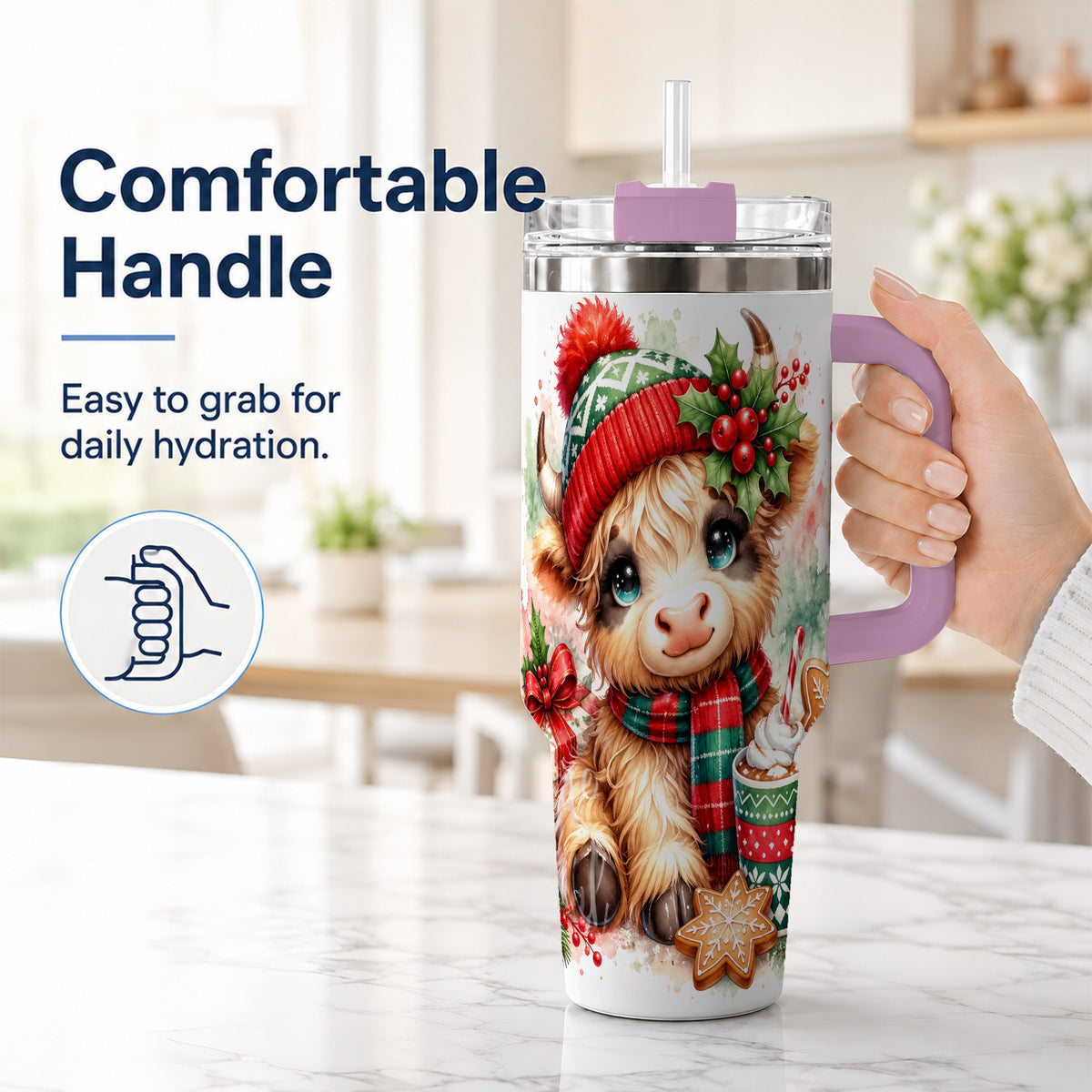 #pl[40oz|Pink] Cute Christmas Cow 40oz Tumbler with Handle, Cozy Holiday Travel Cup