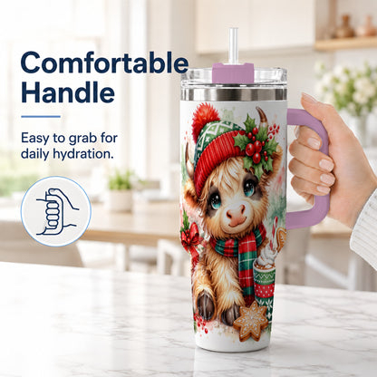 #pl[40oz|Pink] Cute Christmas Cow 40oz Tumbler with Handle, Cozy Holiday Travel Cup