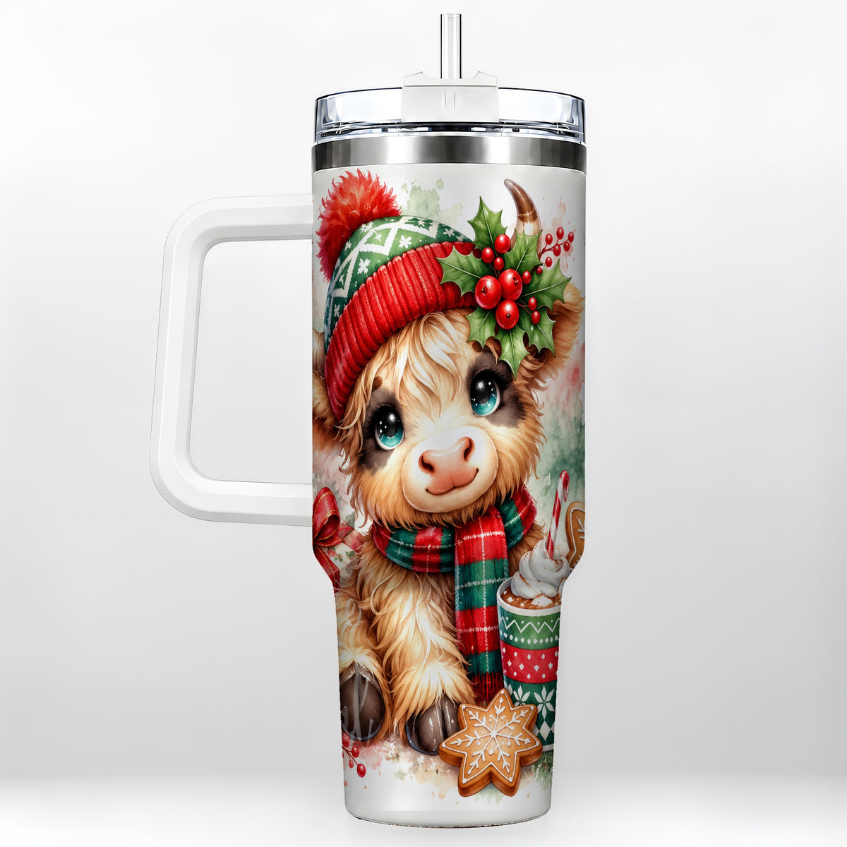 #pl[40oz|White] Cute Christmas Cow 40oz Tumbler with Handle, Cozy Holiday Travel Cup