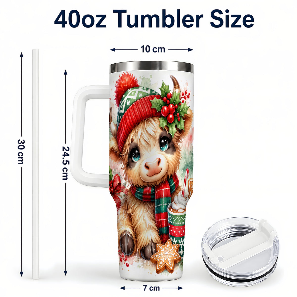 #pl[40oz|White] Cute Christmas Cow 40oz Tumbler with Handle, Cozy Holiday Travel Cup