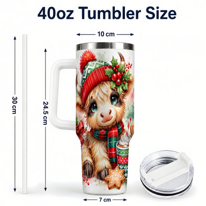 #pl[40oz|White] Cute Christmas Cow 40oz Tumbler with Handle, Cozy Holiday Travel Cup